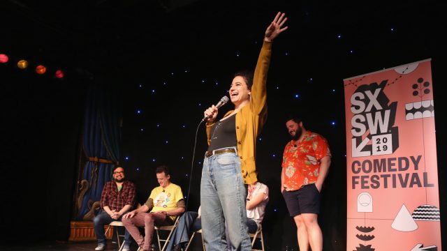 (L-R) Horatio Sanz, Matt Besser, Ilana Glazer, and Jon Gabrus speak onstage at Upright Citizens Brigade's ASSSSCAT at Esther's Follies.